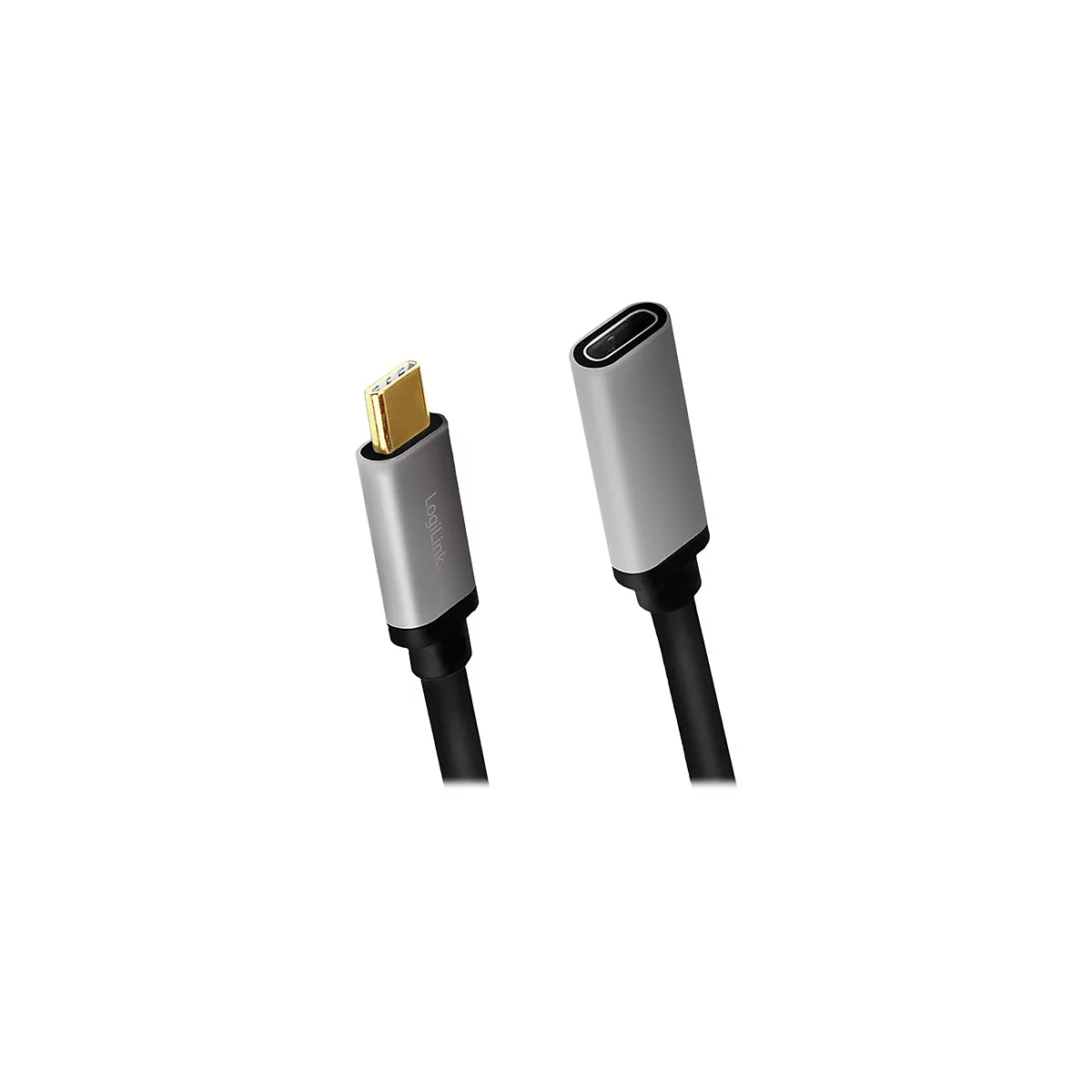 LogiLink USB-C Verlängerungskabel mit goldenem Stecker und grauen Gehäusen vor weißem Hintergrund.