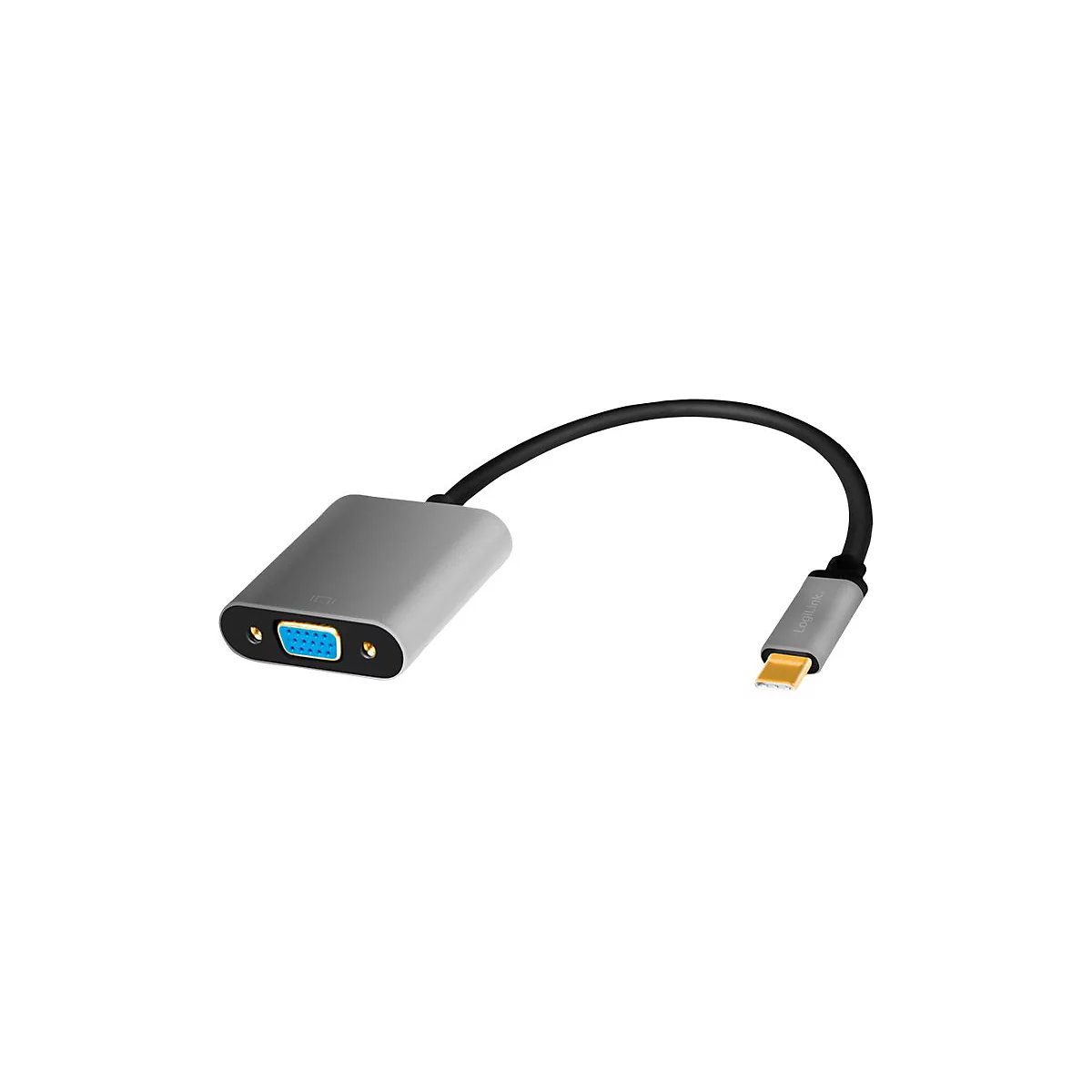 Grauer USB-C-auf-VGA-Adapter von LogiLink mit schwarzem Kabel vor weißem Hintergrund.