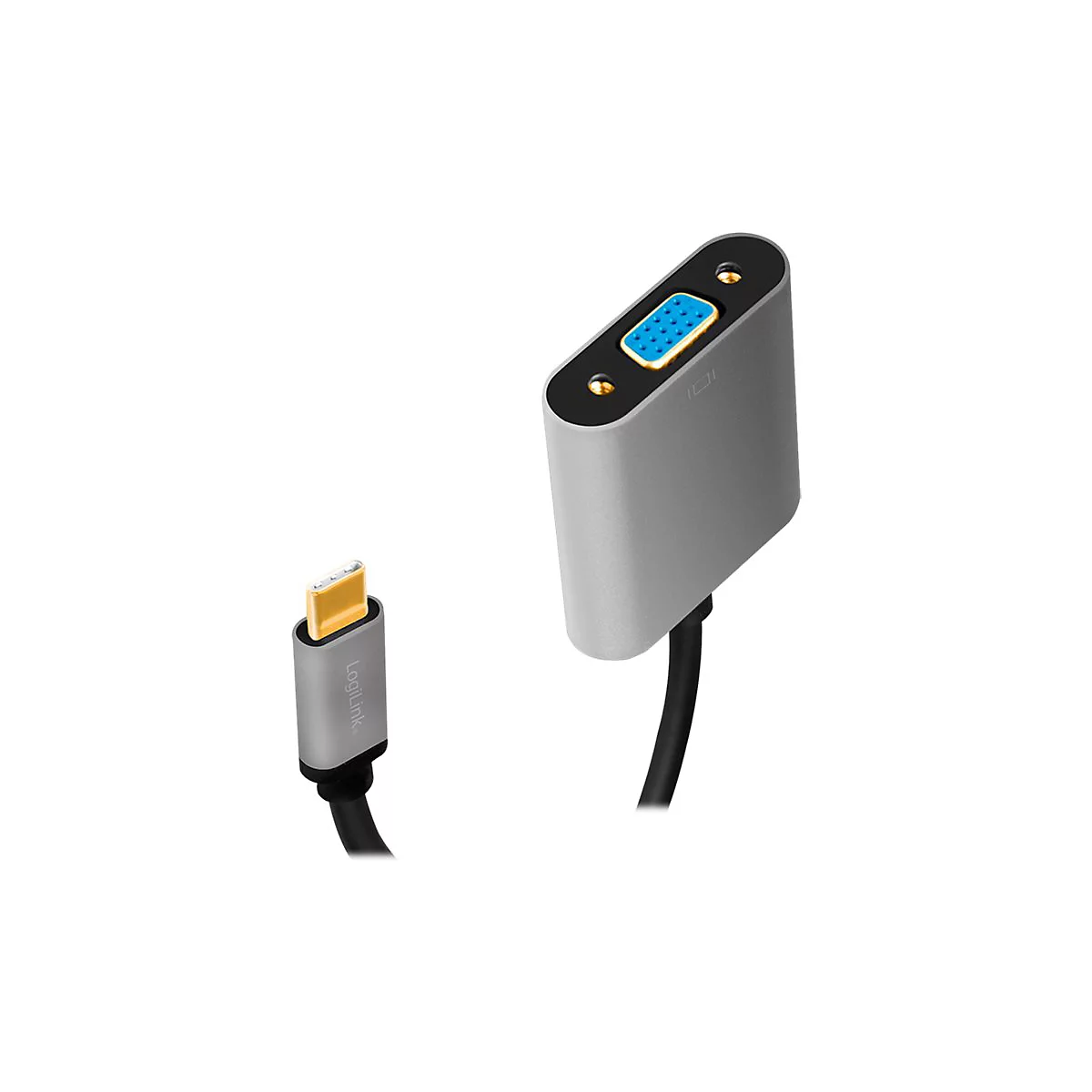 LogiLink USB-C auf VGA Adapter mit schwarzem Kabel und grauem Gehäuse vor weißem Hintergrund.