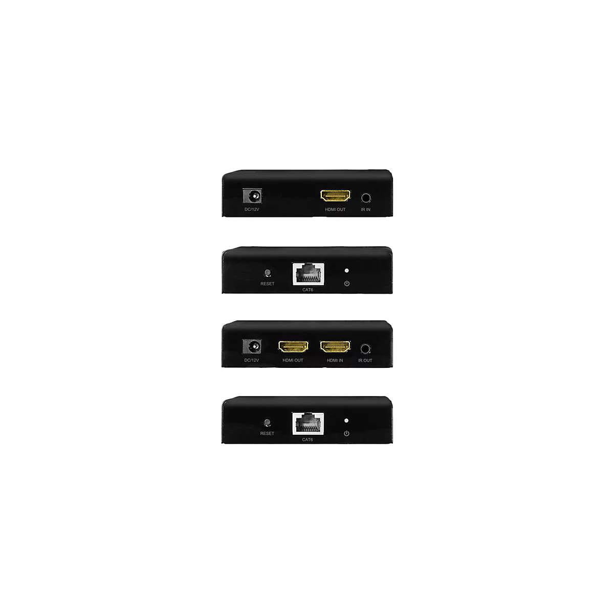 Vier Ansichten der Rückseite von schwarzen HDMI-Extendern mit Anschlüssen für Strom, HDMI, Infrarot, CAT6 und Reset-Taste.