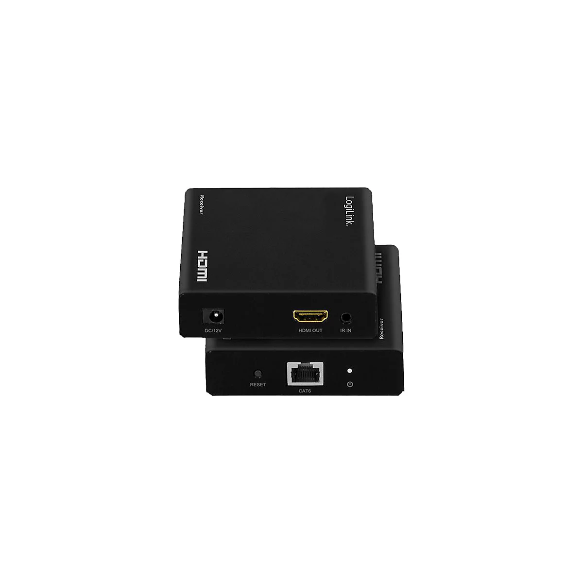 Zwei schwarze LogiLink HDMI-Receiver-Boxen vor weißem Hintergrund mit Strom-, HDMI- und Netzwerkananschlüssen.