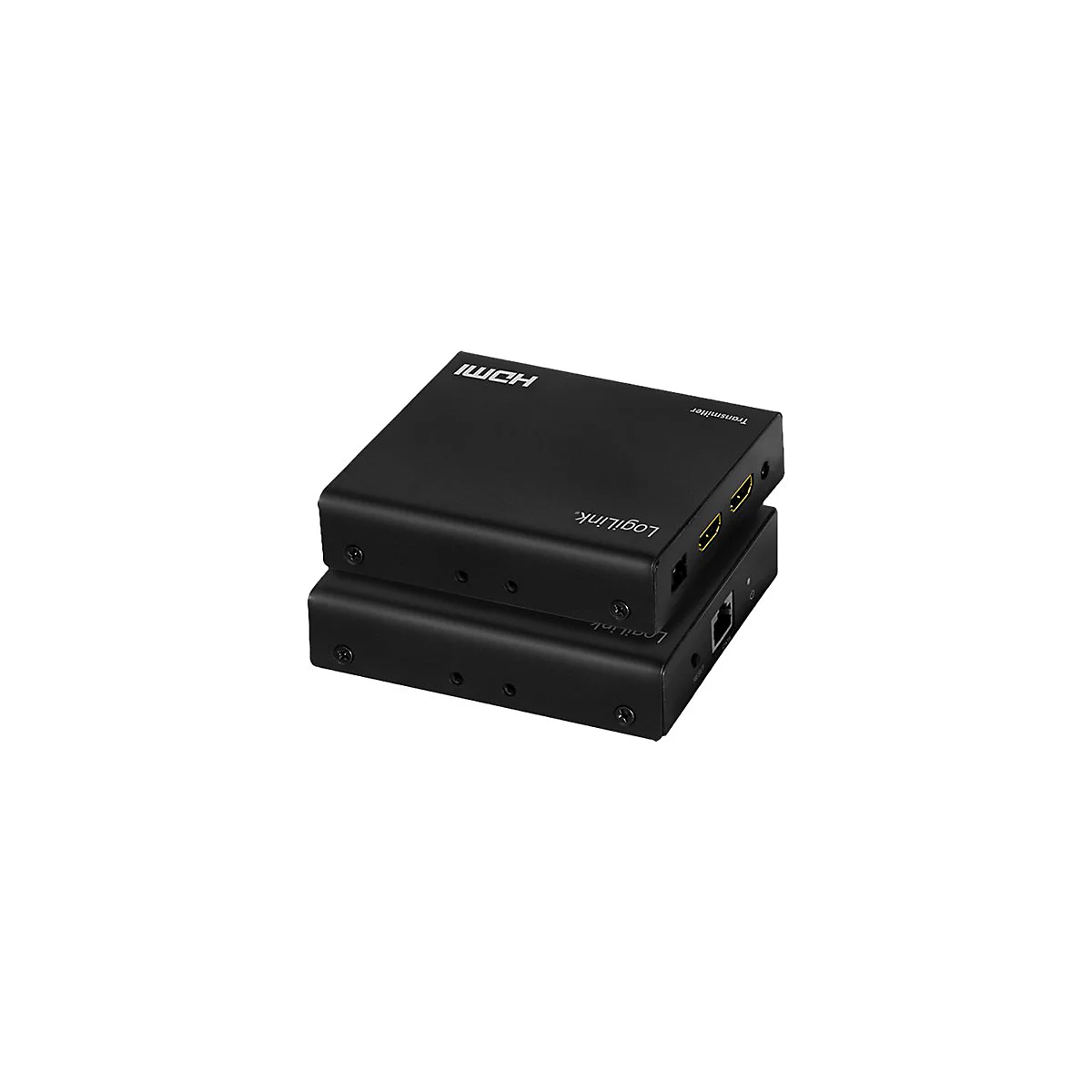 Zwei schwarze, übereinander gestapelte LogiLink HDMI-Sender-Boxen mit Anschlüssen auf weißem Hintergrund.