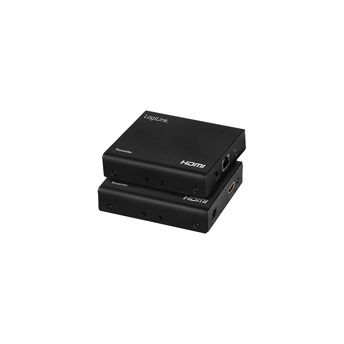 LogiLink HDMI Extender Set bestehend aus einem schwarzen Transmitter und Receiver übereinander.