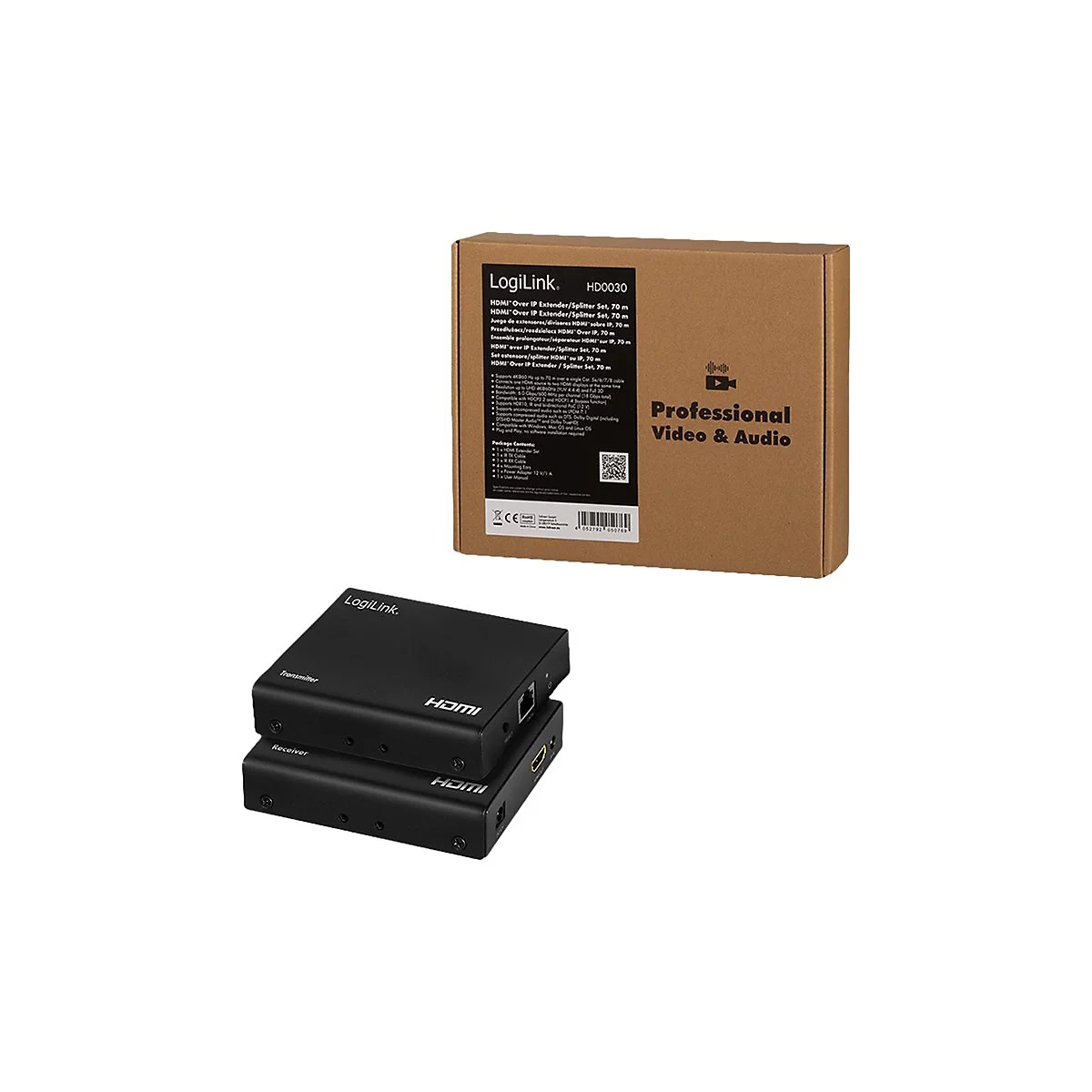 LogiLink HDMI-Extender-Set mit schwarzem Sender und Empfänger sowie der zugehörigen braunen Produktverpackung.