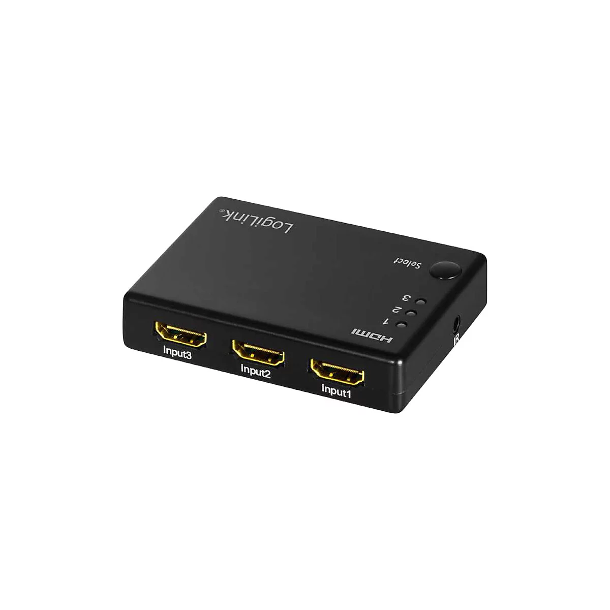 Schwarzer LogiLink HDMI-Switch mit drei Eingängen, Beschriftungen und einer Select-Taste.