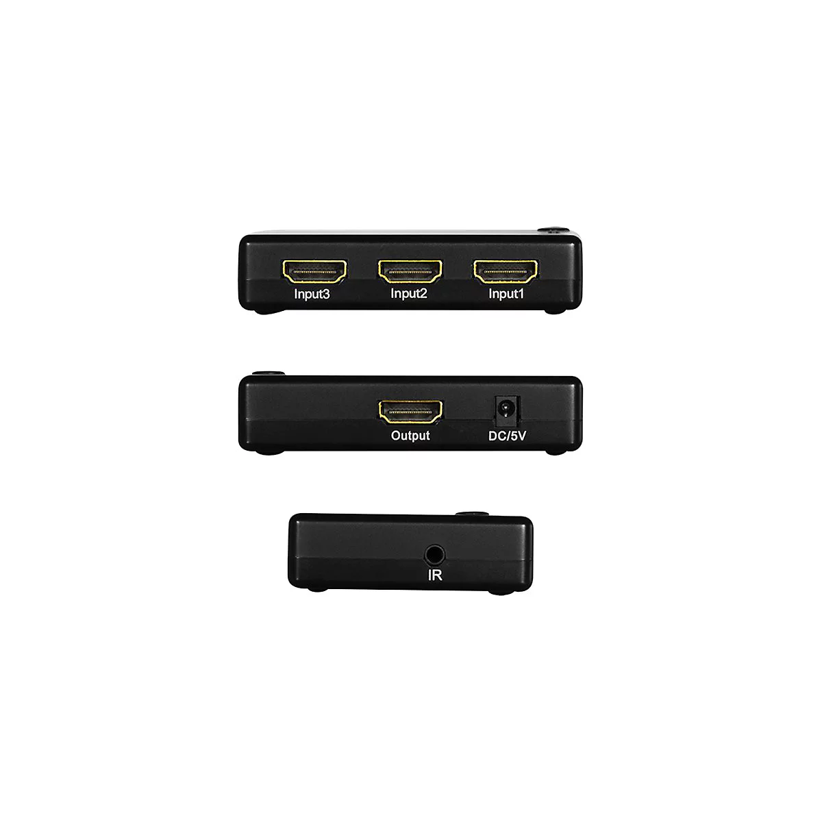 Drei Ansichten eines schwarzen HDMI-Switchers mit Input-, Output-, Strom- und IR-Anschlüssen.
