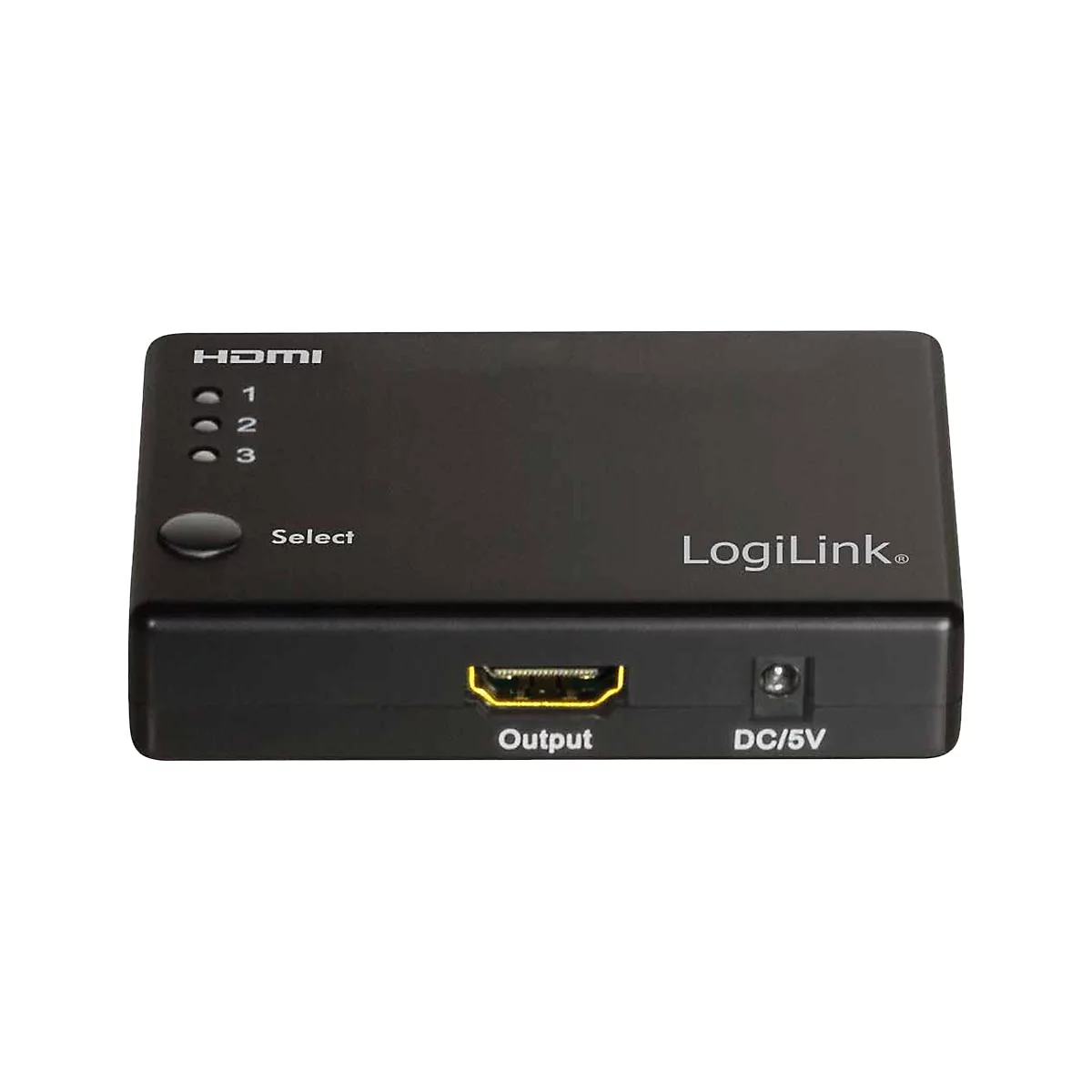 Schwarzer LogiLink HDMI-Umschalter mit drei Status-LEDs, Select-Taste, HDMI-Ausgang und Stromanschluss.