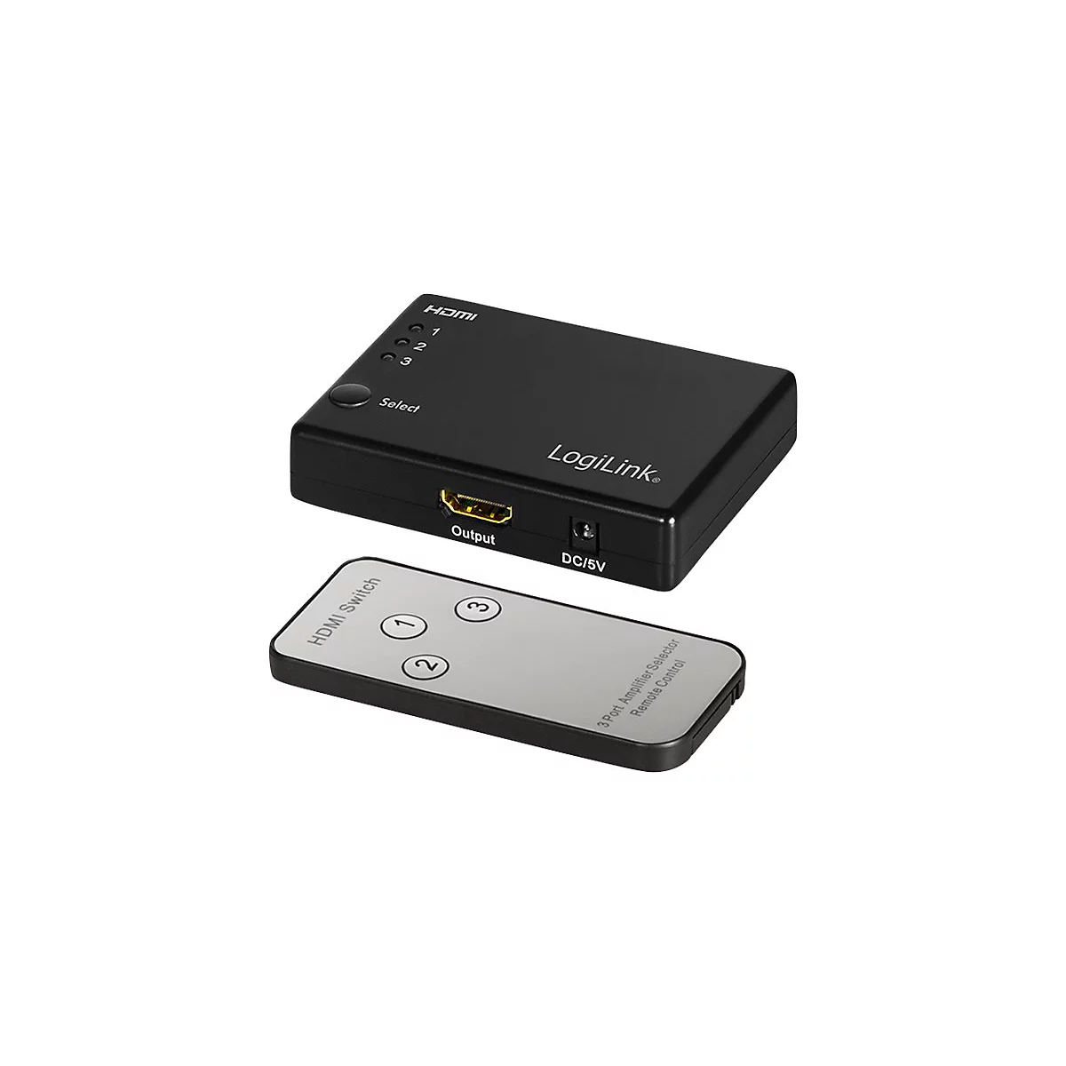 Schwarzer LogiLink HDMI-Switch mit drei Anschlüssen und zugehöriger Fernbedienung vor weißem Hintergrund.