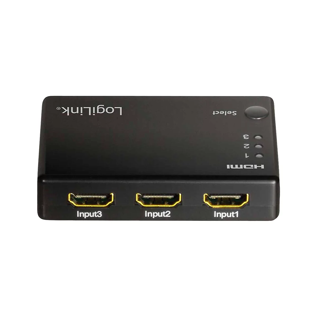 Schwarzer LogiLink HDMI-Switch mit drei Eingängen und Auswahltaste vor weißem Hintergrund.