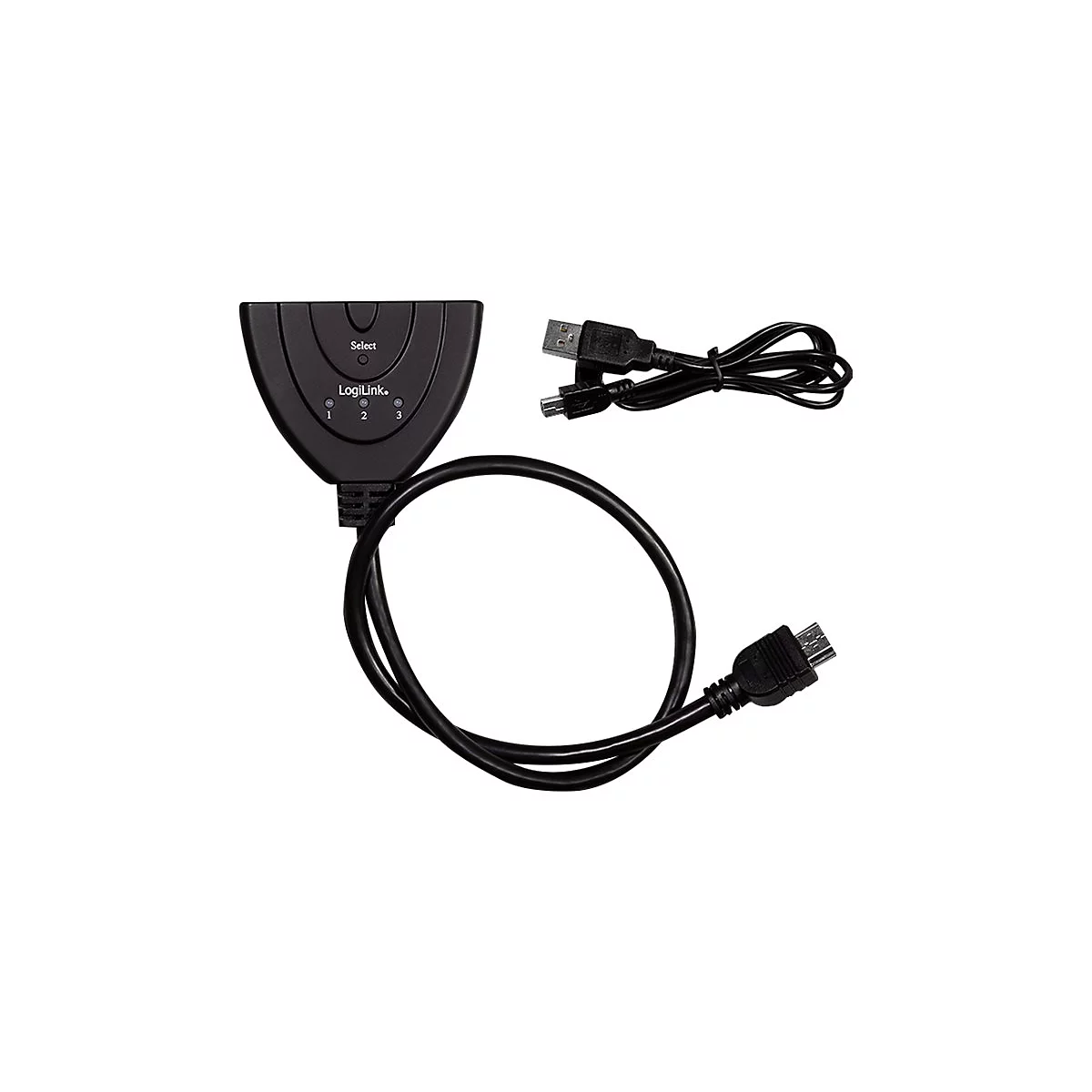 Schwarzer LogiLink HDMI-Umschalter mit Kabel und USB-Anschluss vor weißem Hintergrund.