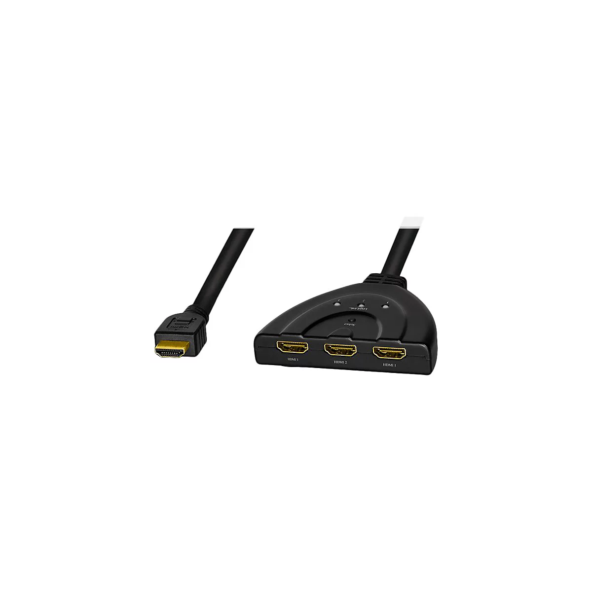 Schwarzer 3-Port HDMI-Switch mit Kabel und vergoldeten Anschlüssen auf weißem Hintergrund.