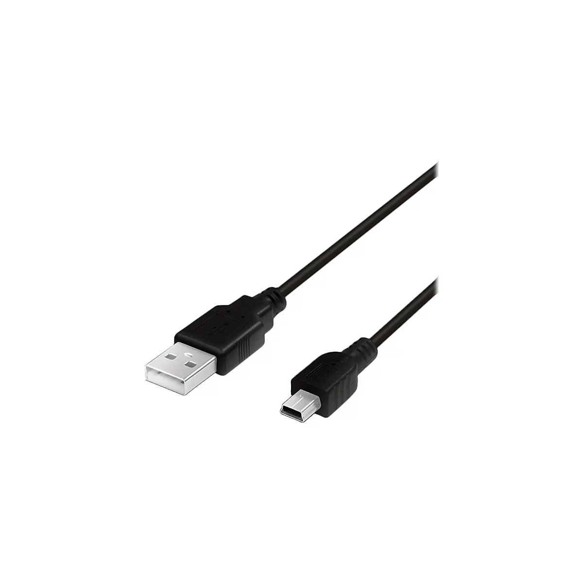 Schwarzes USB-A auf Mini-USB-Kabel vor neutralem Hintergrund.
