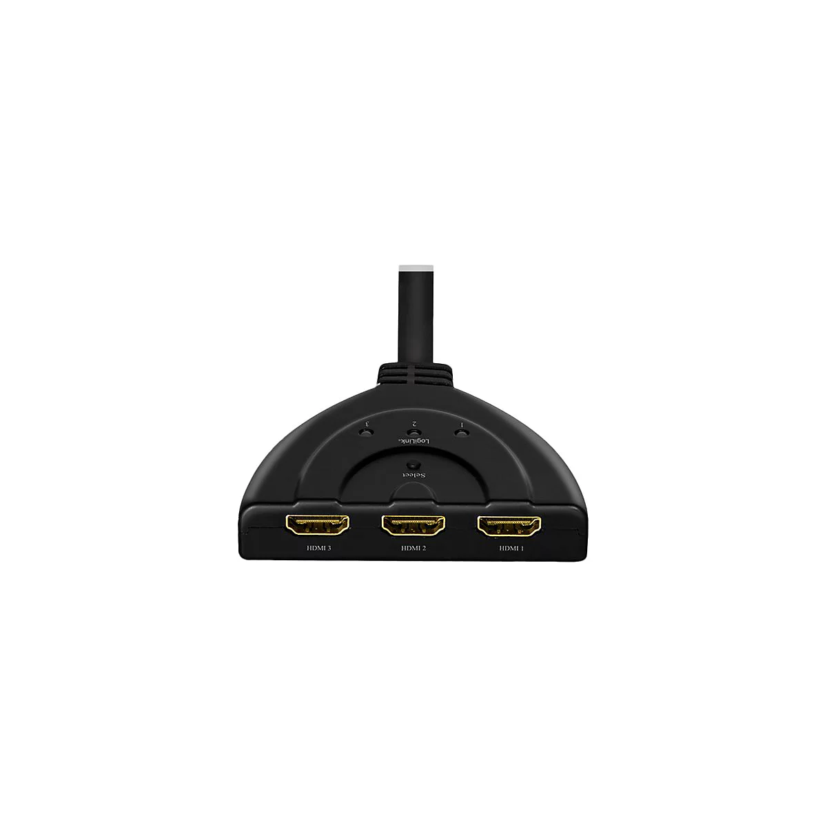 Schwarzer LogiLink HDMI-Switch mit drei Anschlüssen und Select-Taste auf weißem Hintergrund.