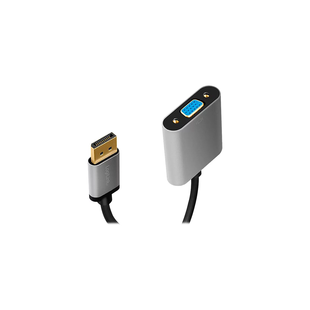 DisplayPort-zu-VGA-Adapter von LogiLink mit grauem Gehäuse und schwarzem Kabel vor weißem Hintergrund.
