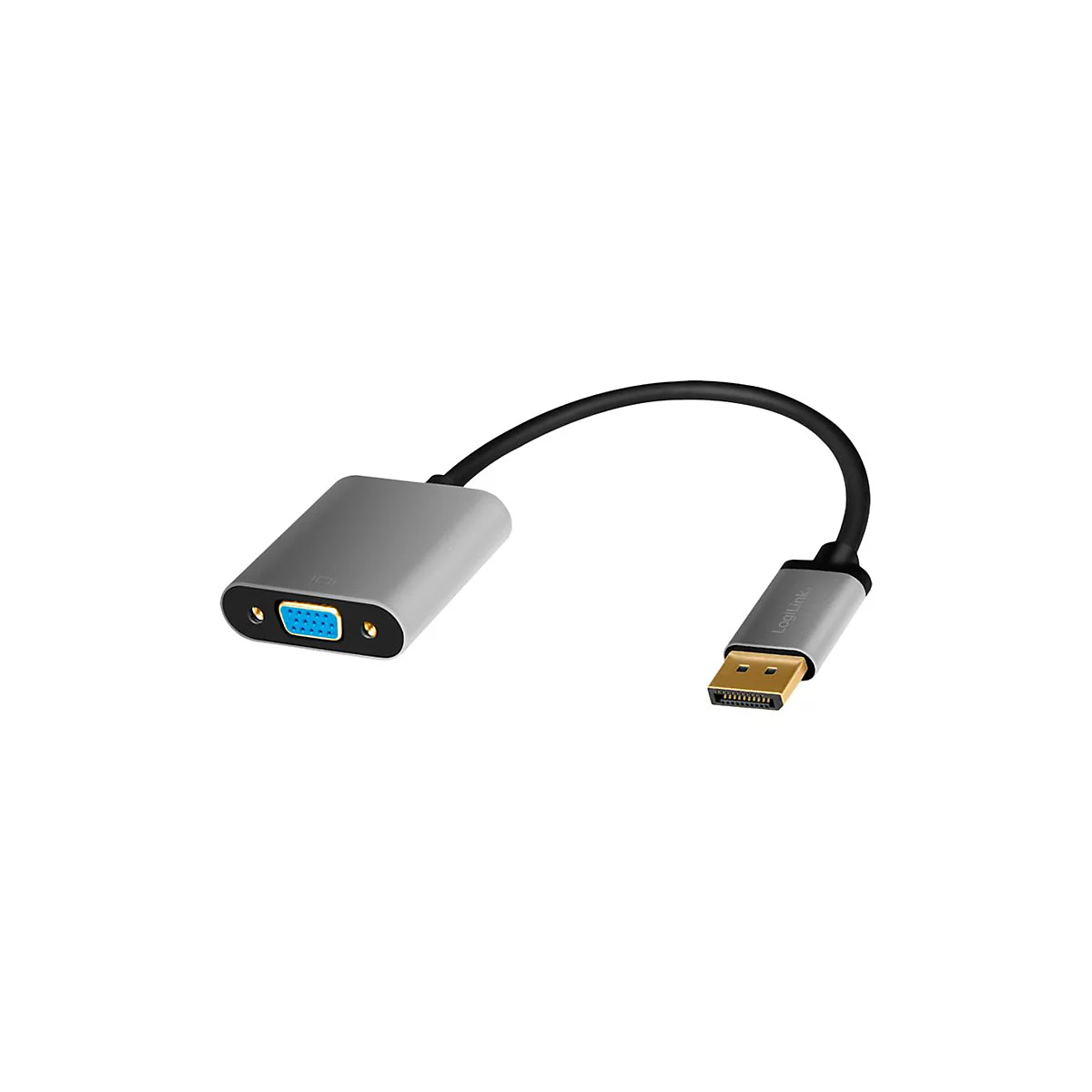 LogiLink DisplayPort auf VGA Adapter mit silbernem Gehäuse und kurzem schwarzem Kabel.