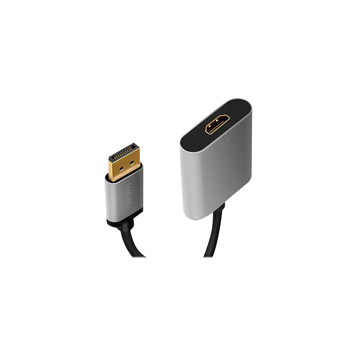 DisplayPort-zu-HDMI-Adapter von LogiLink mit grauem Gehäuse und goldenen Anschlüssen vor weißem Hintergrund.