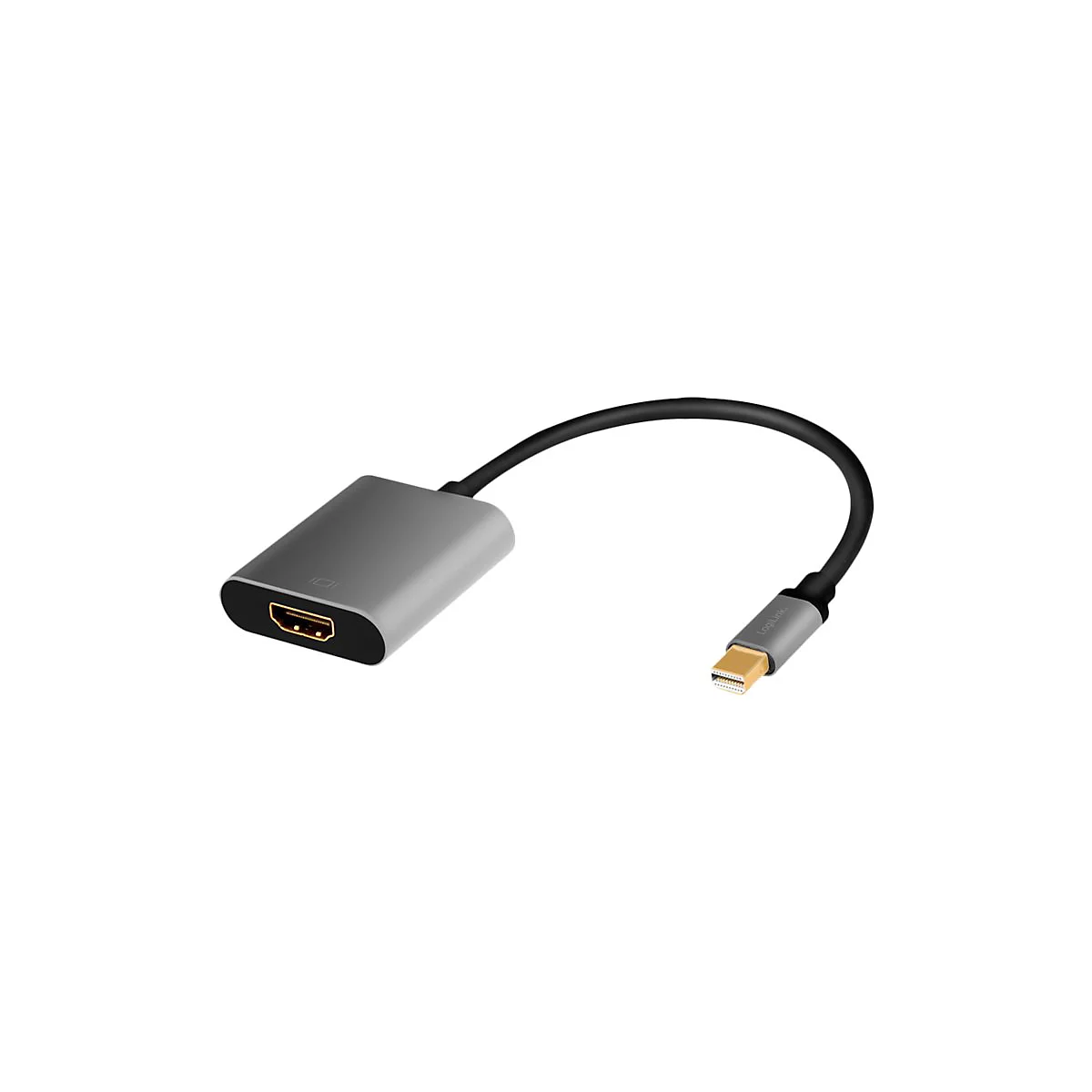 LogiLink Mini-DisplayPort-zu-HDMI-Adapter, grau, mit schwarzem Kabel.