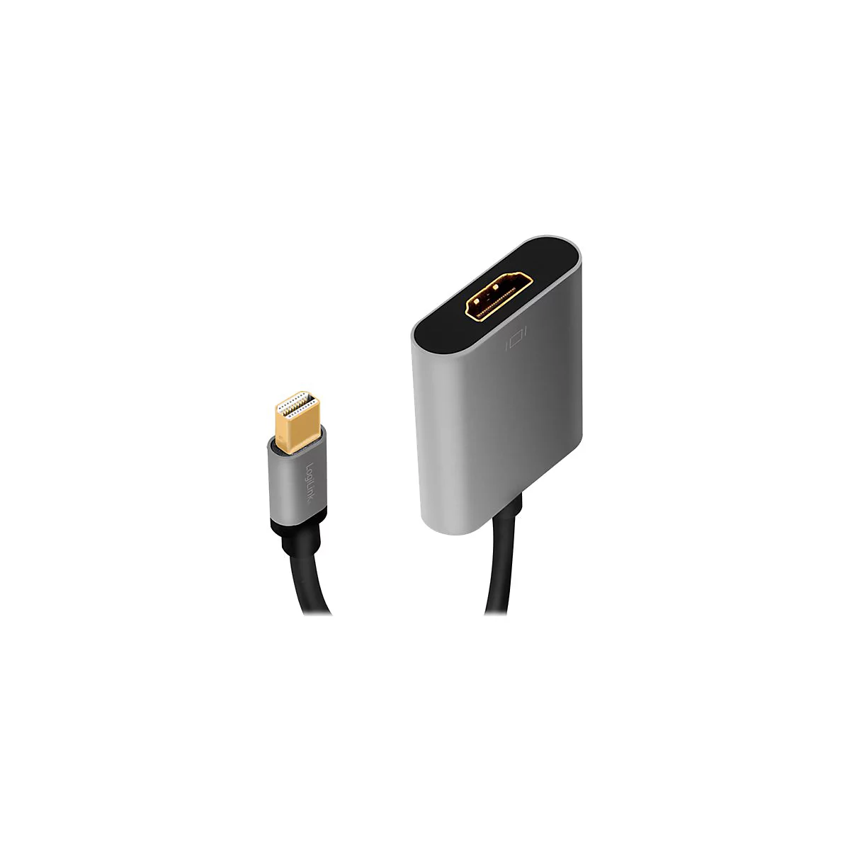 LogiLink Adapter mit silbernem Gehäuse, goldenem Mini-DisplayPort-Stecker und HDMI-Anschluss.