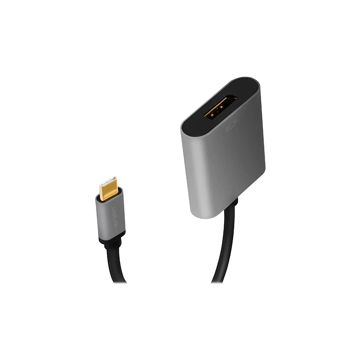 Grauer USB-C-auf-HDMI-Adapter mit schwarzem Kabel vor weißem Hintergrund.