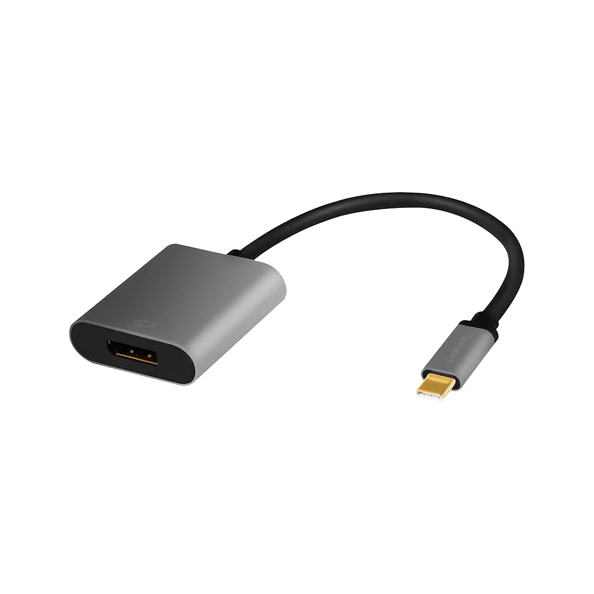 Grauer USB-C-auf-DisplayPort-Adapter mit kurzem schwarzem Kabel vor weißem Hintergrund.