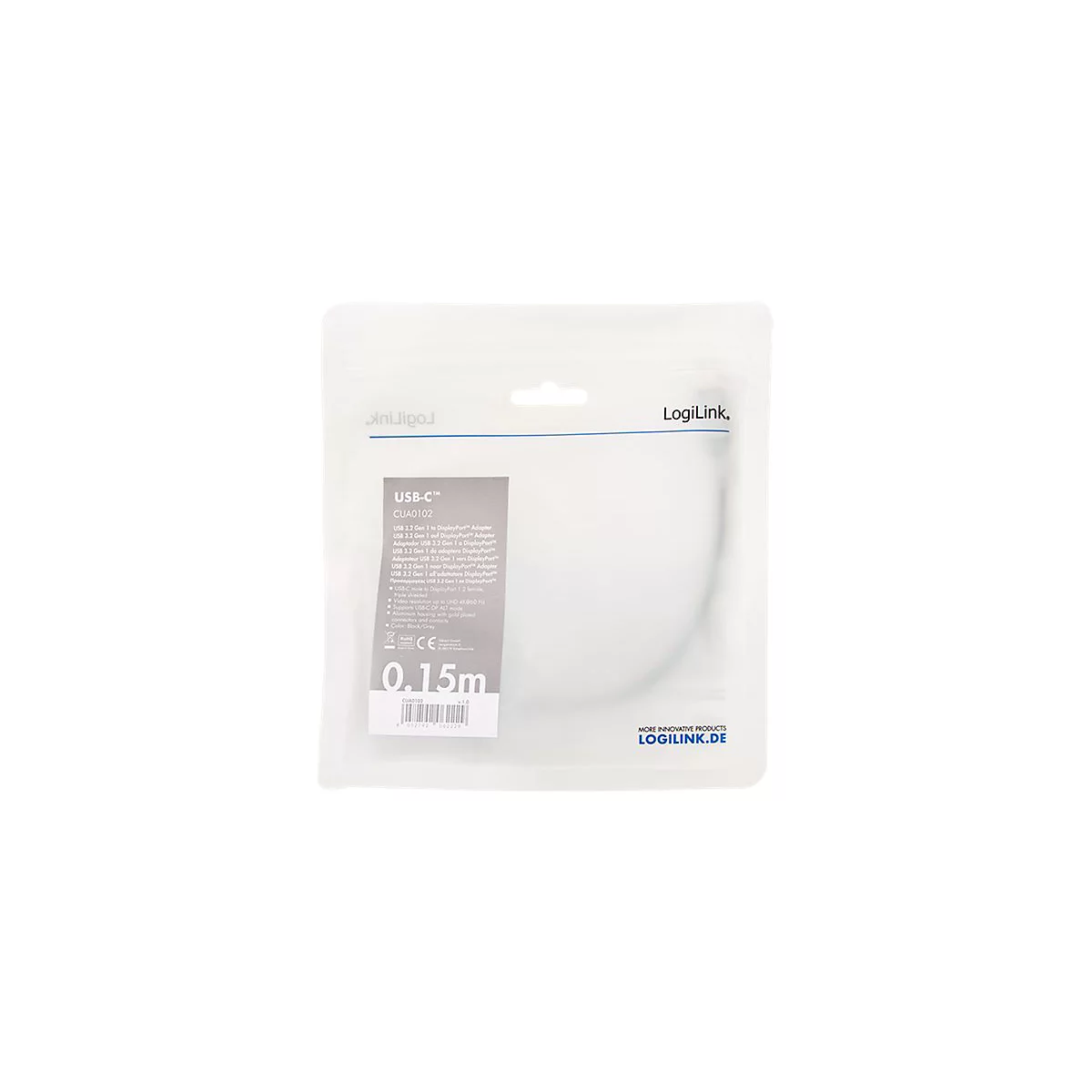 LogiLink USB-C auf DisplayPort Adapter in transparenter Kunststoffverpackung.