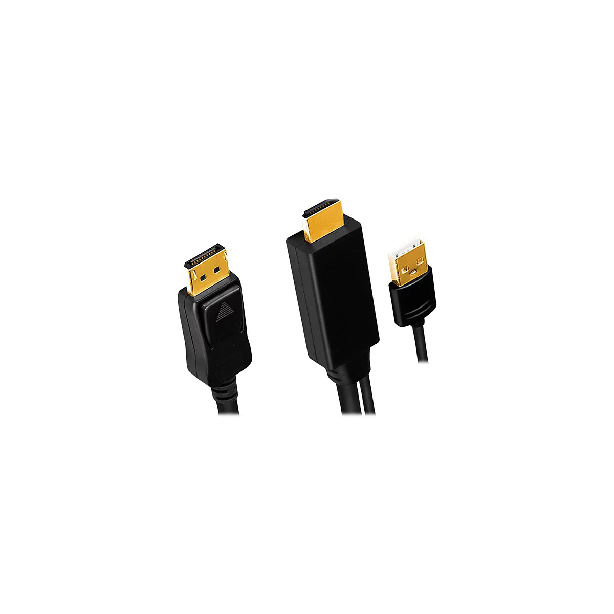 DisplayPort- und HDMI-Kabelstecker mit schwarzen Kunststoffgehäusen und goldfarbenen Anschlüssen vor weißem Hintergrund.