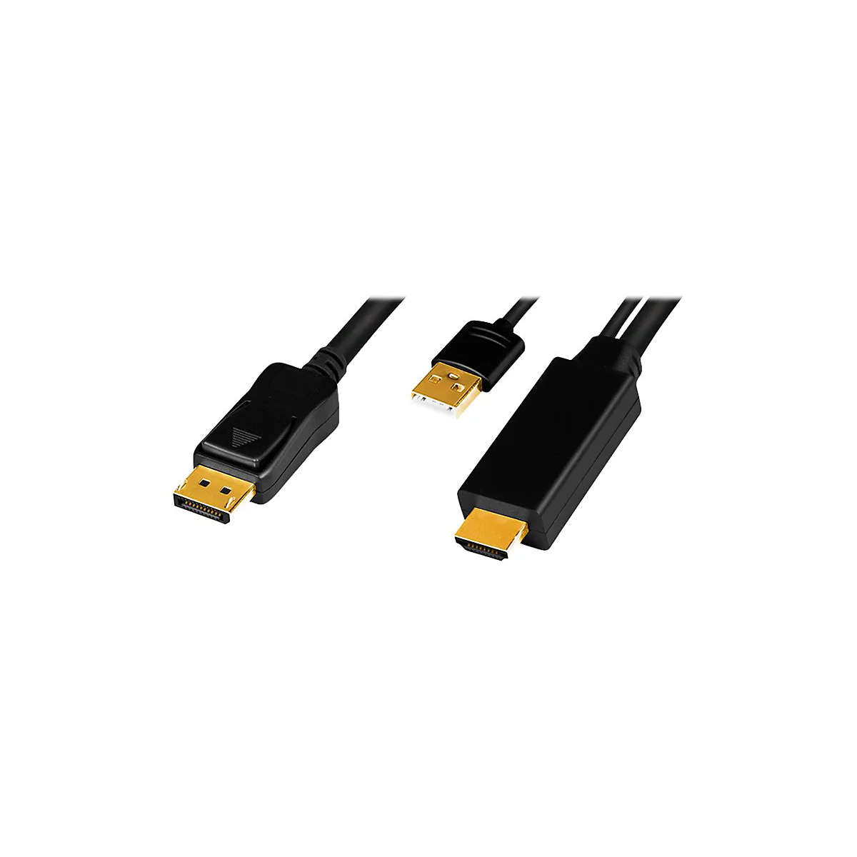 Zwei schwarze Verbindungskabel mit goldenen DisplayPort- und HDMI-Steckern vor weißem Hintergrund.