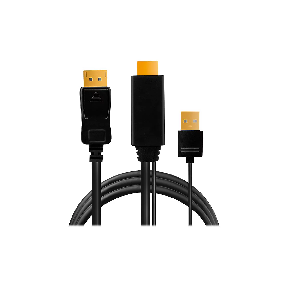 Adapterkabel mit DisplayPort-, HDMI- und USB-A-Steckern vor neutralem Hintergrund.