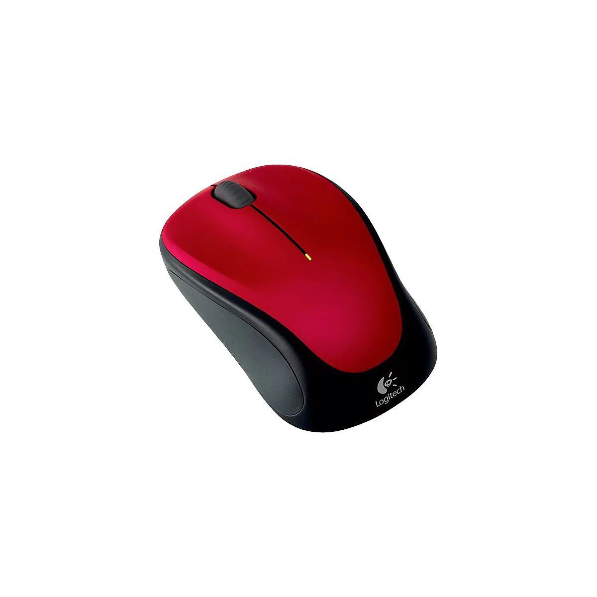 Souris d'ordinateur sans fil rouge et noire de Logitech. Avec molette de défilement et logo. Sur fond blanc.