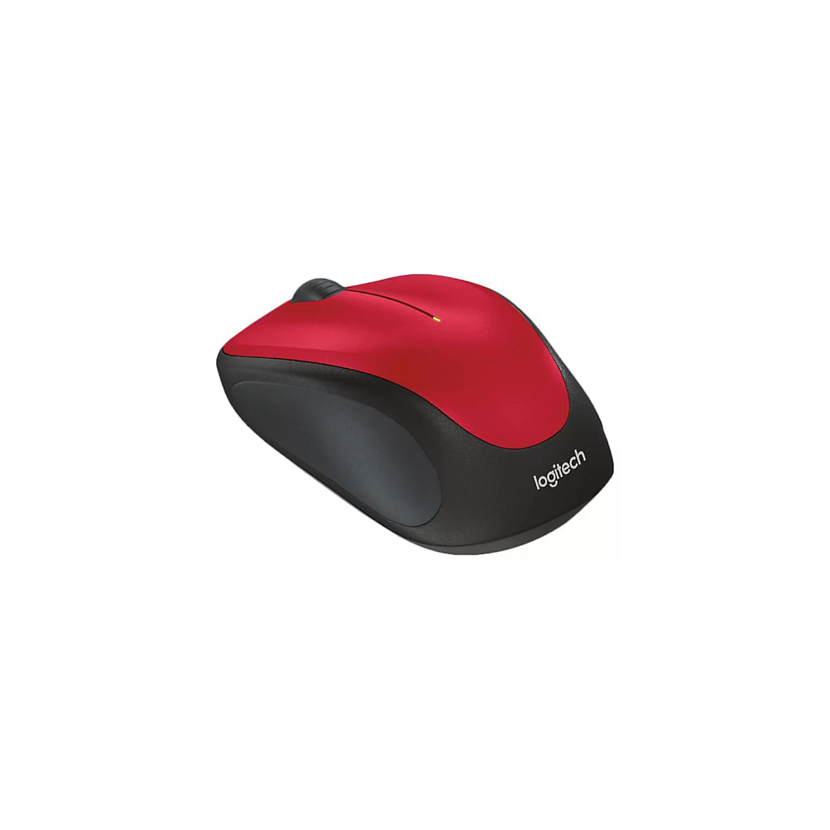 Souris Logitech rouge et noire sur fond blanc.