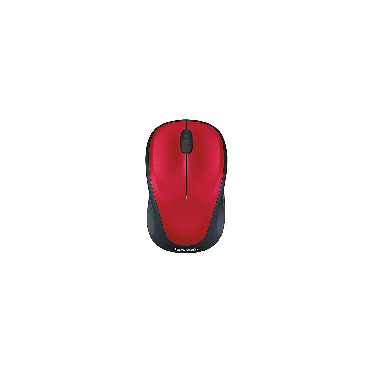 Souris sans fil rouge de Logitech. Elle est dotée d'une surface supérieure rouge, de bords noirs et d'une molette de défilement.