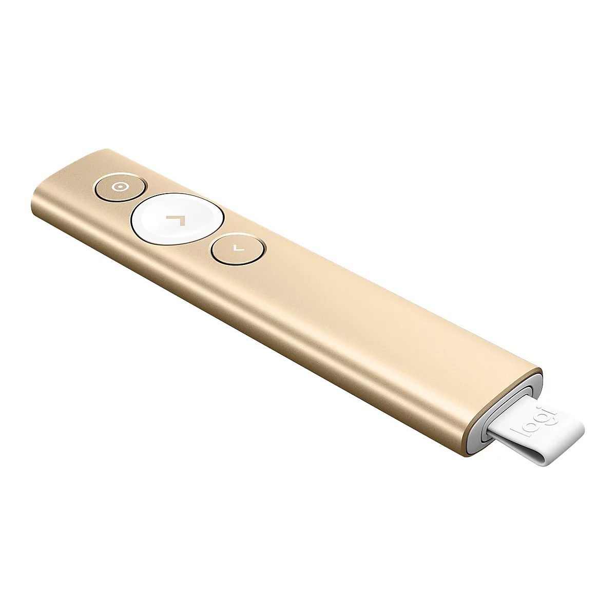 Clicker de présentation doré avec boutons et logo blanc.