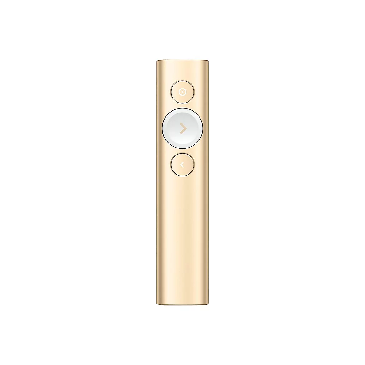 Clicker de présentation doré avec trois boutons sur fond blanc.