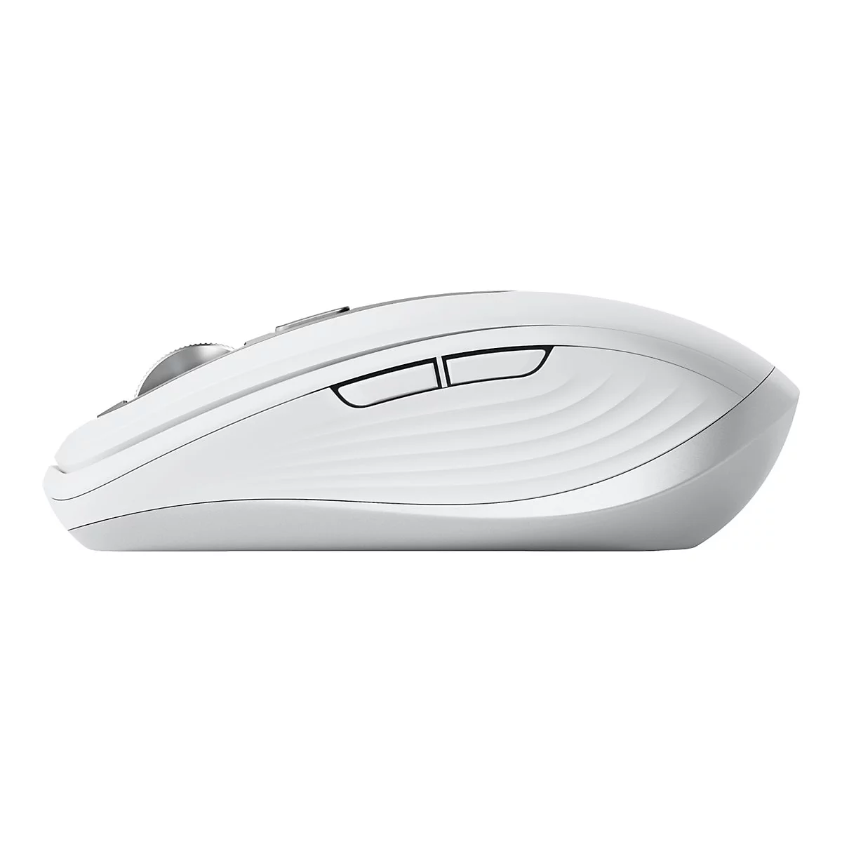 Vue latérale d'une souris blanche et ergonomique avec une surface ridée et des boutons latéraux.