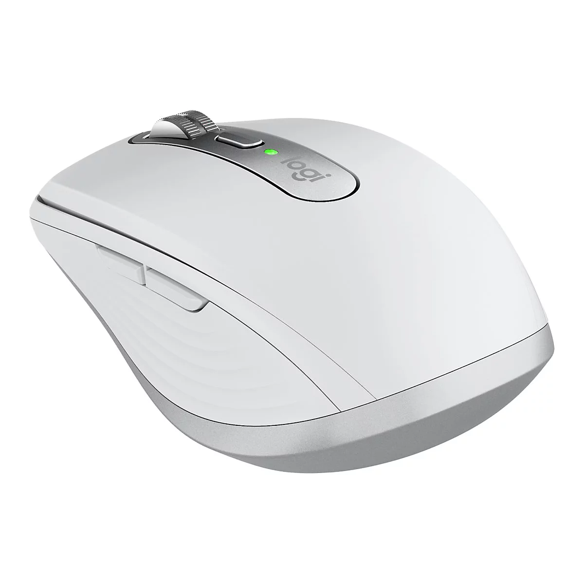 Souris d'ordinateur ergonomique blanche de Logitech avec des accents gris. Dessus : molette de défilement et bouton. Logo.