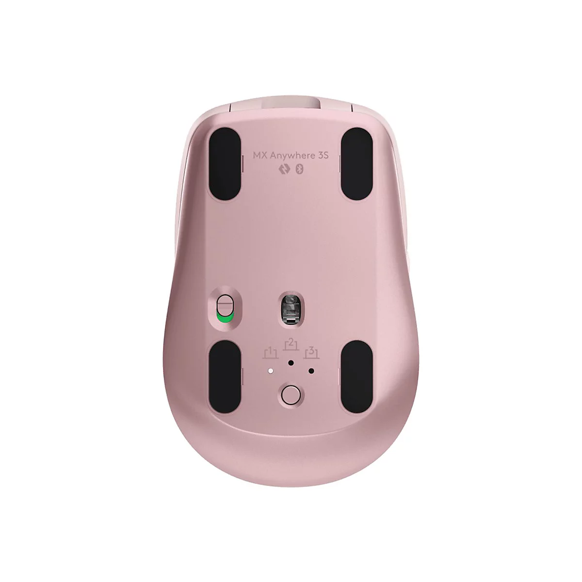 Vue de dessus d'une souris rose. Patins noirs, interrupteur marche/arrêt, indicateur de connexion et nom du modèle MX Anywhere 3S.