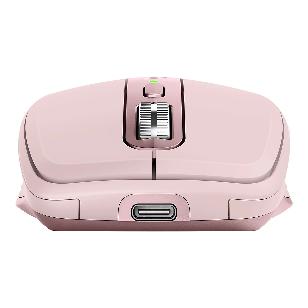 Souris d'ordinateur rose clair avec port USB-C latéral, molette de défilement centrale et un bouton.