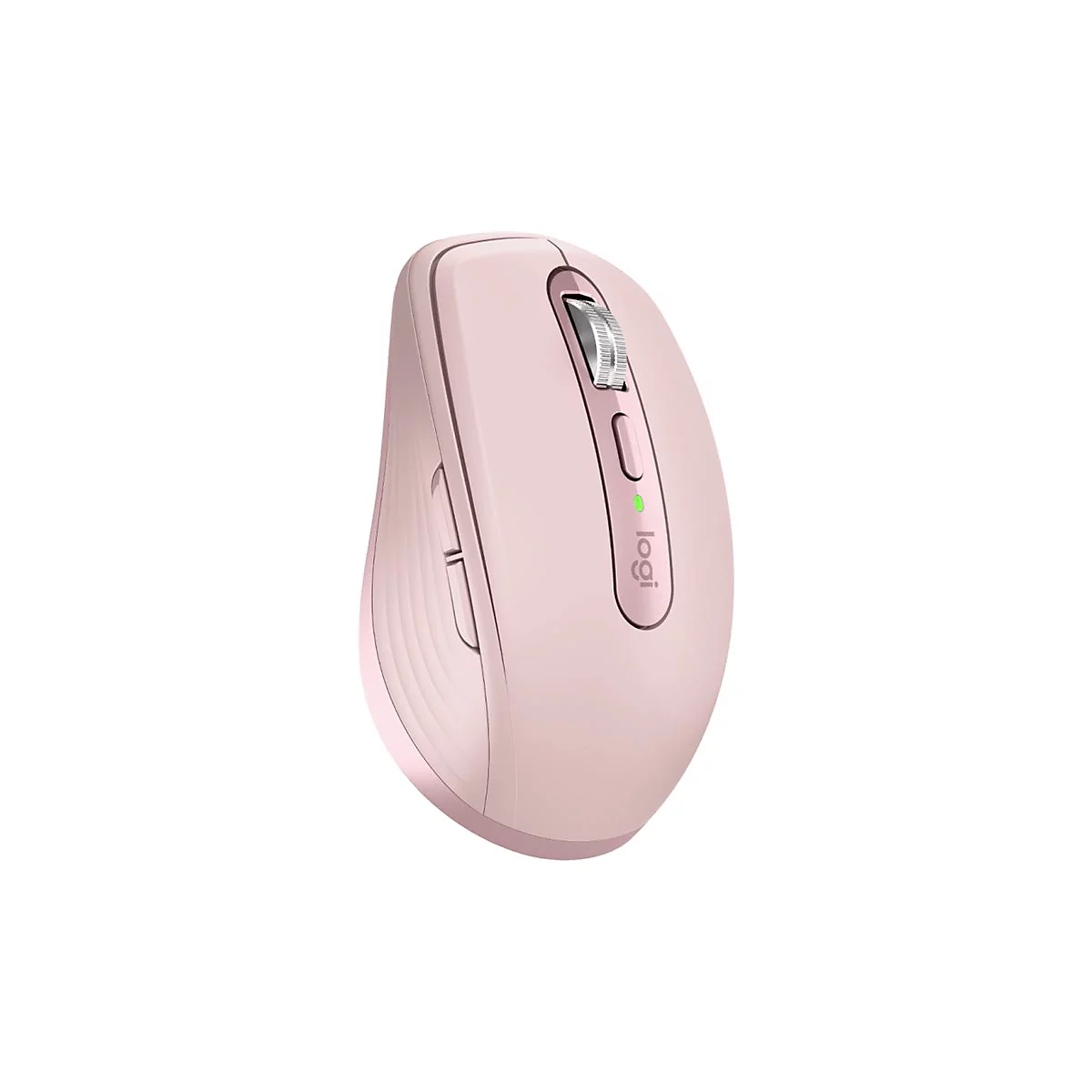Souris sans fil rose clair de Logitech avec molette de défilement et logo.