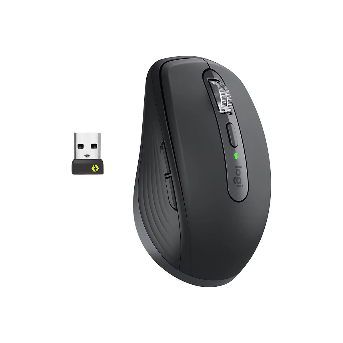 Souris noire sans fil et récepteur USB sur fond blanc. Souris avec molette de défilement et logo.
