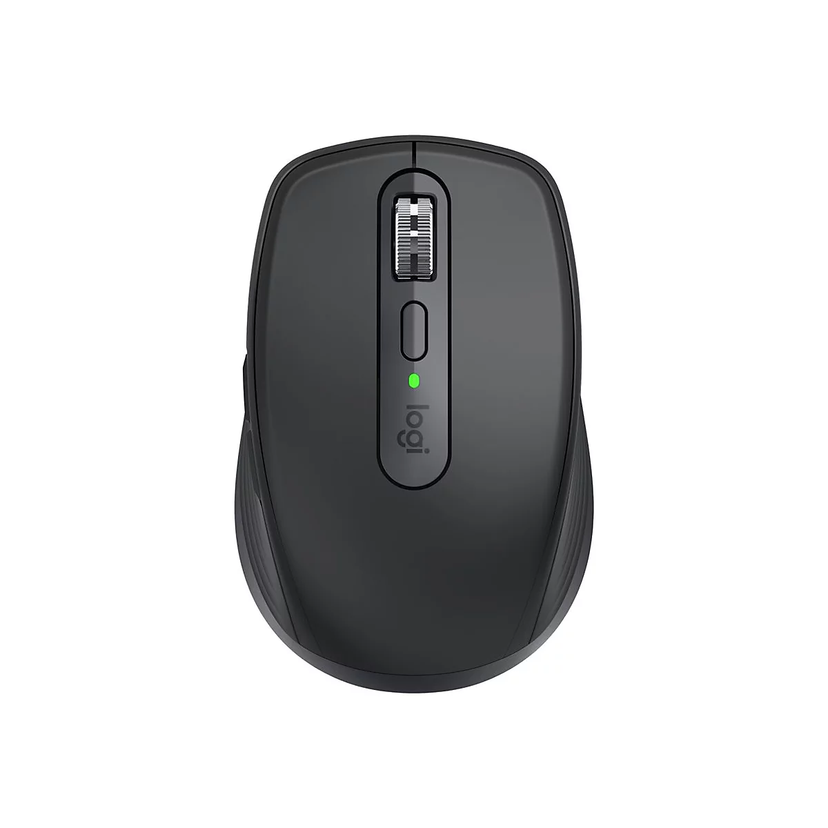 Vue de dessus d'une souris sans fil noire avec molette et logo.