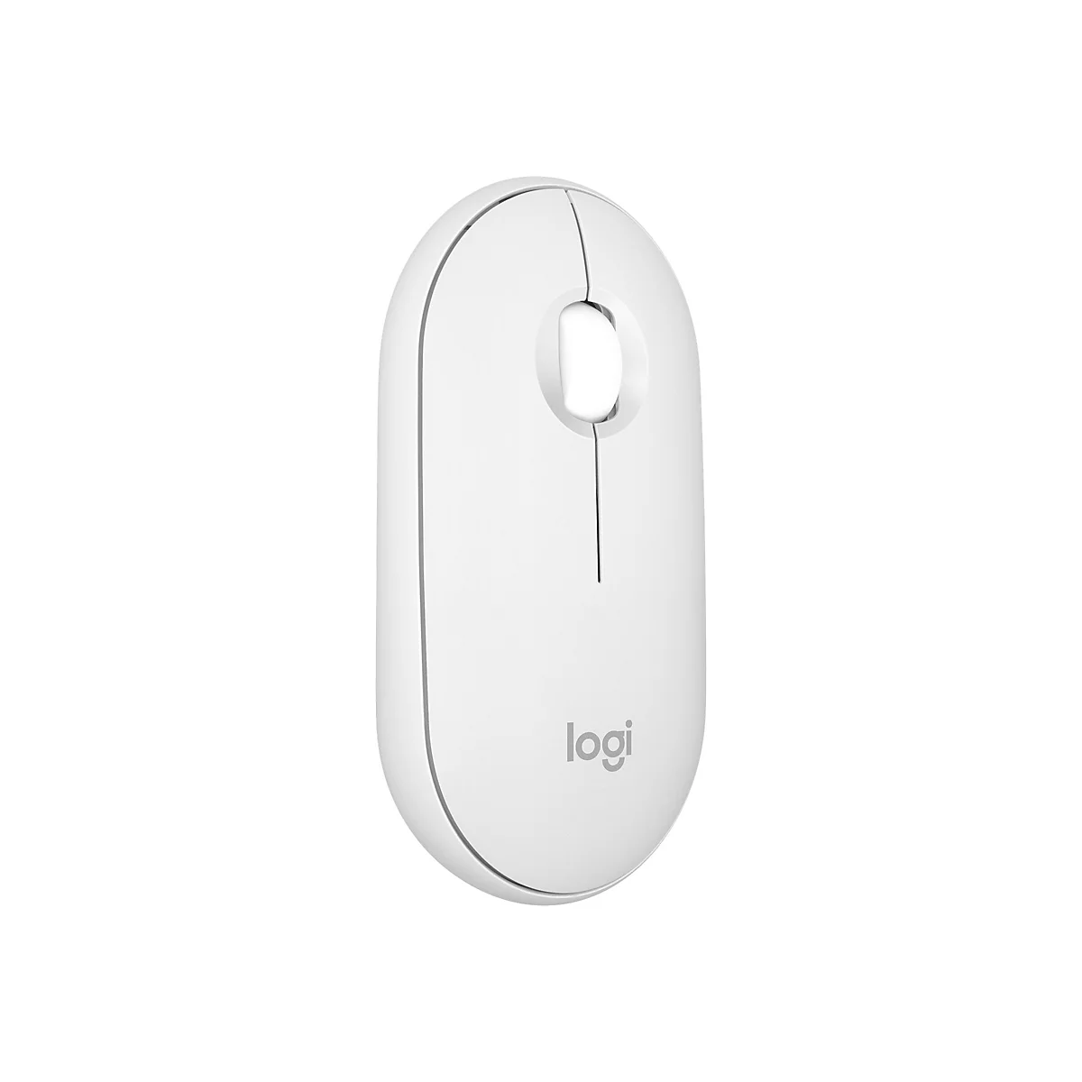 Souris d'ordinateur blanche Logitech. Forme ovale, fendue au milieu, molette et logo.