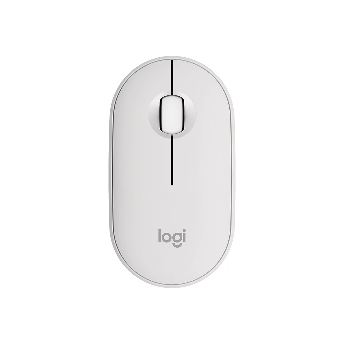 Souris sans fil gris clair avec un design plat. Le logo est en haut, en dessous de la ligne de séparation des boutons.