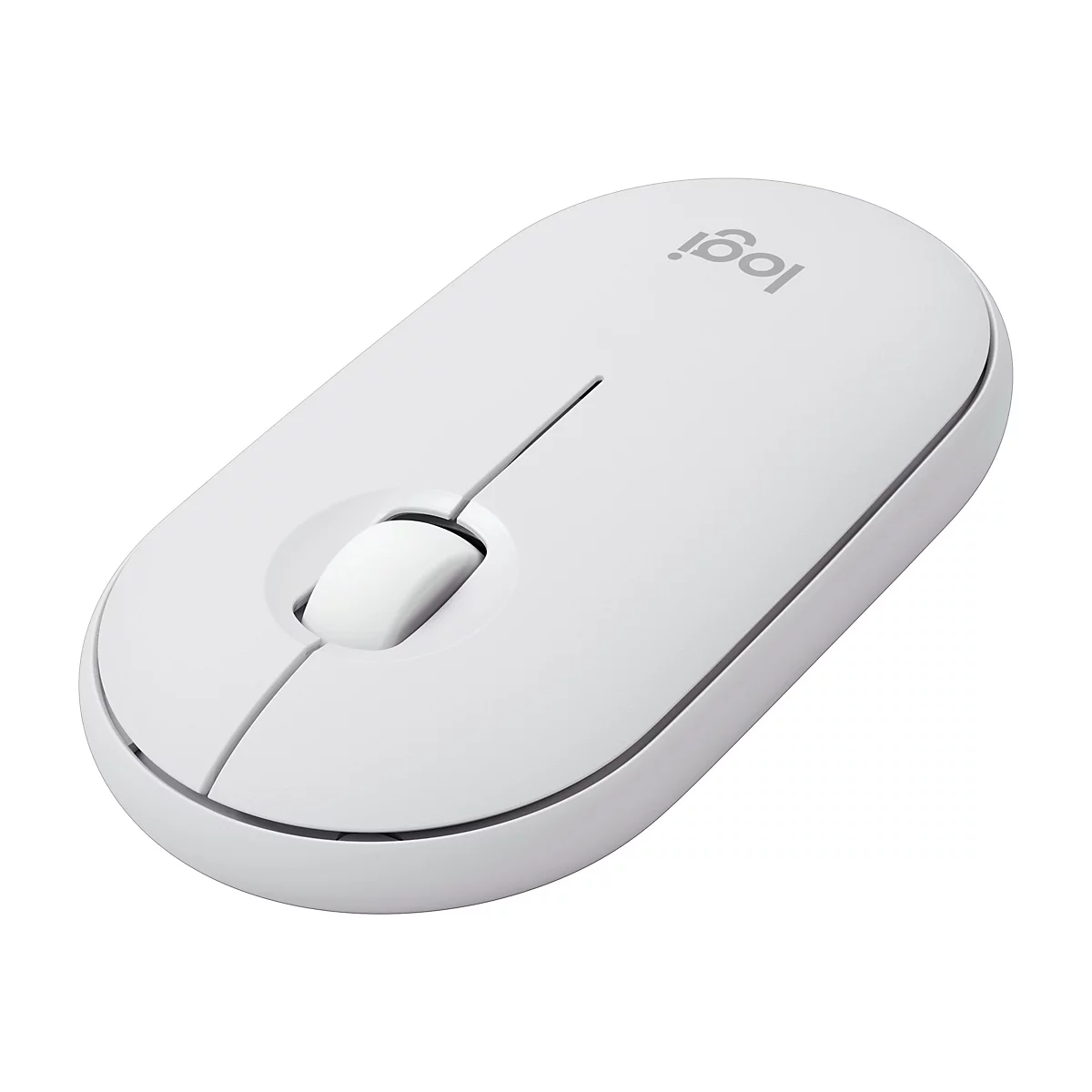 Souris sans fil blanche de Logitech. Forme ovale, molette de défilement au milieu, logo sur le dessus.