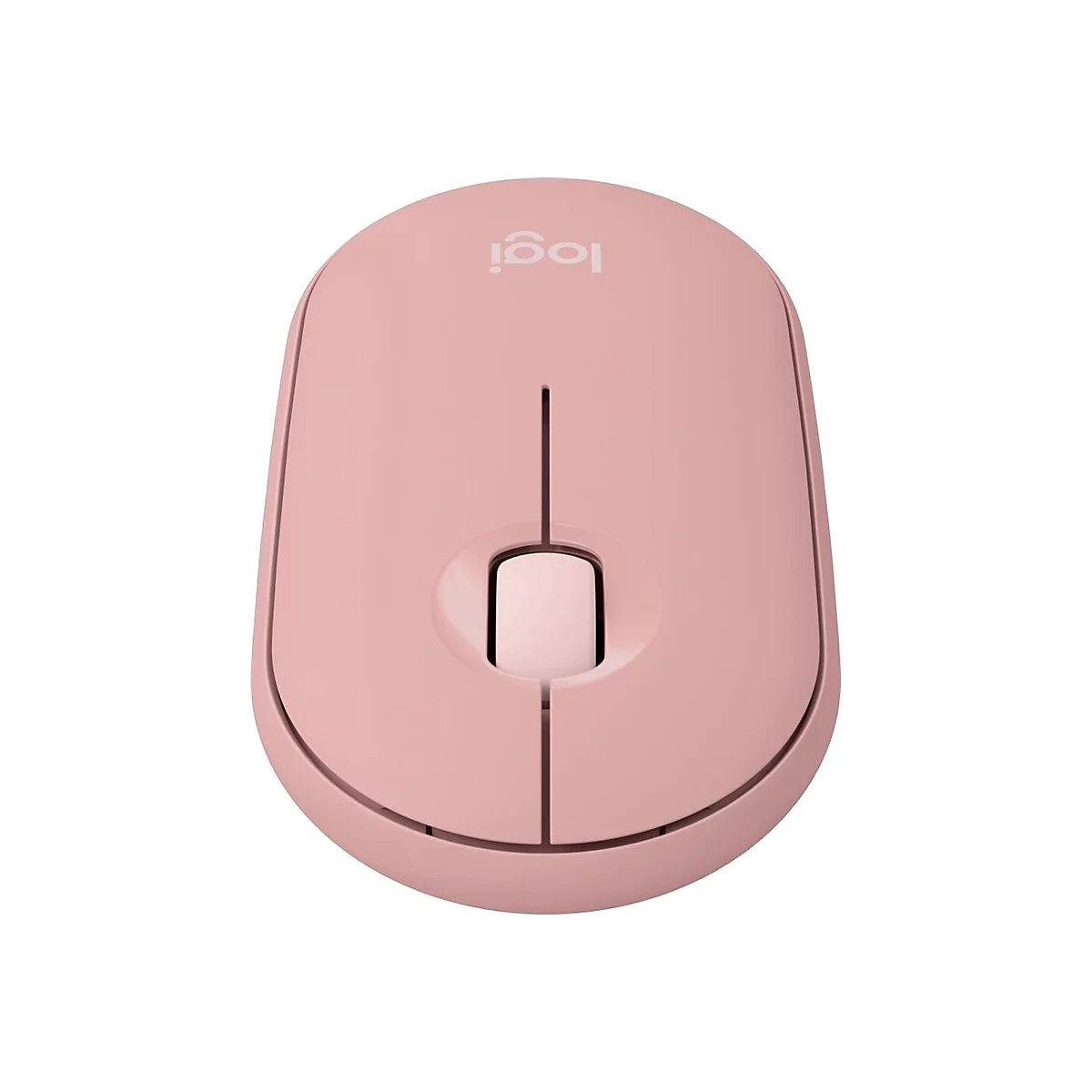 Souris sans fil rose clair de Logitech, vue de dessus. Logo en haut. Molette de défilement et boutons de la souris visibles.