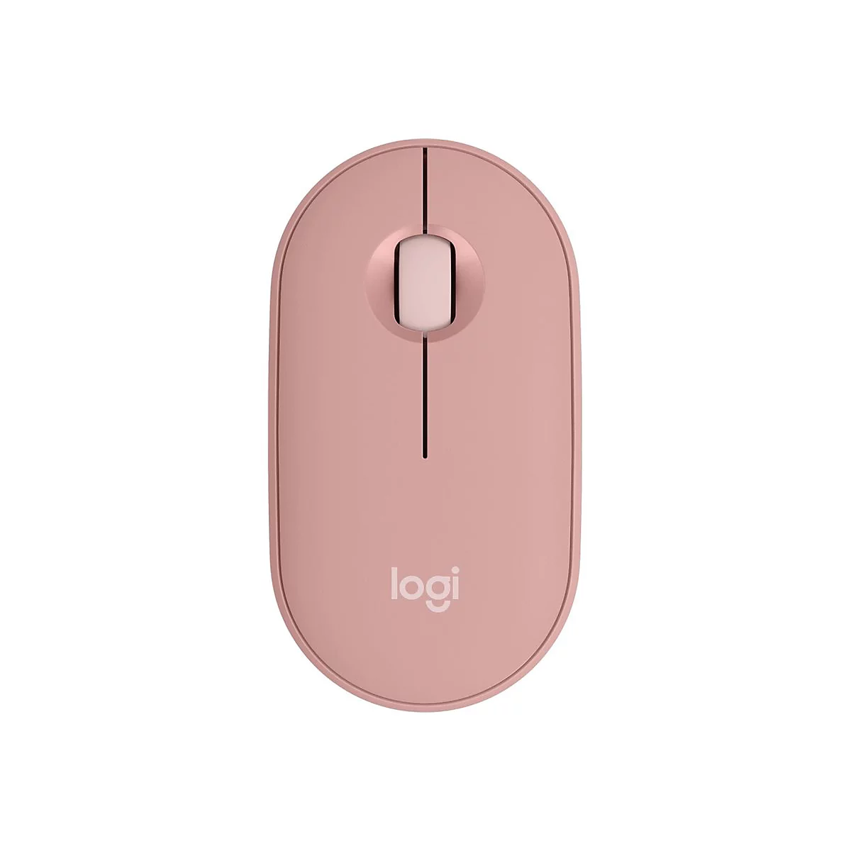 Souris rose clair ovale, avec deux boutons, molette et logo.