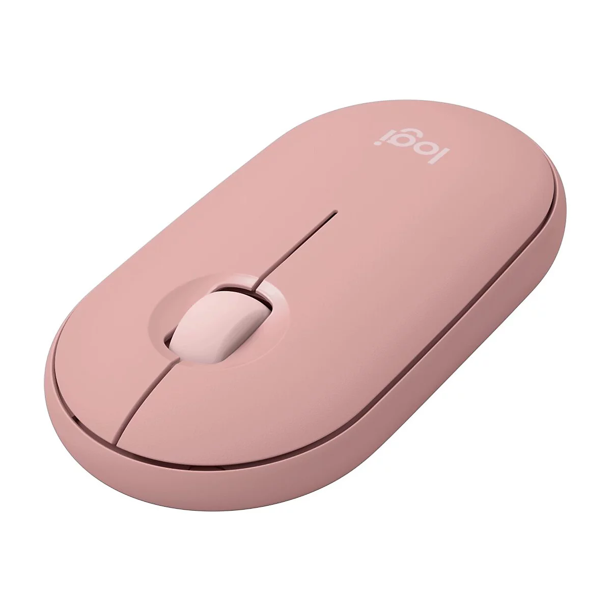 Souris sans fil rose clair de Logitech avec logo. Molette et deux boutons visibles.