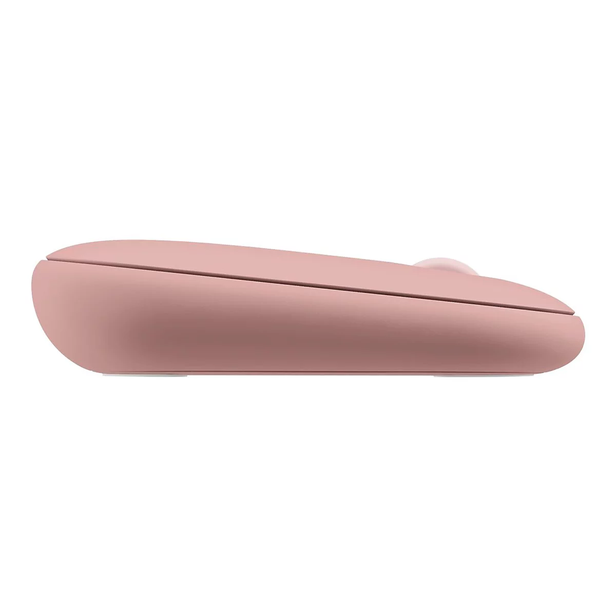 Souris d'ordinateur rose clair, vue latérale, forme arrondie avec molette.
