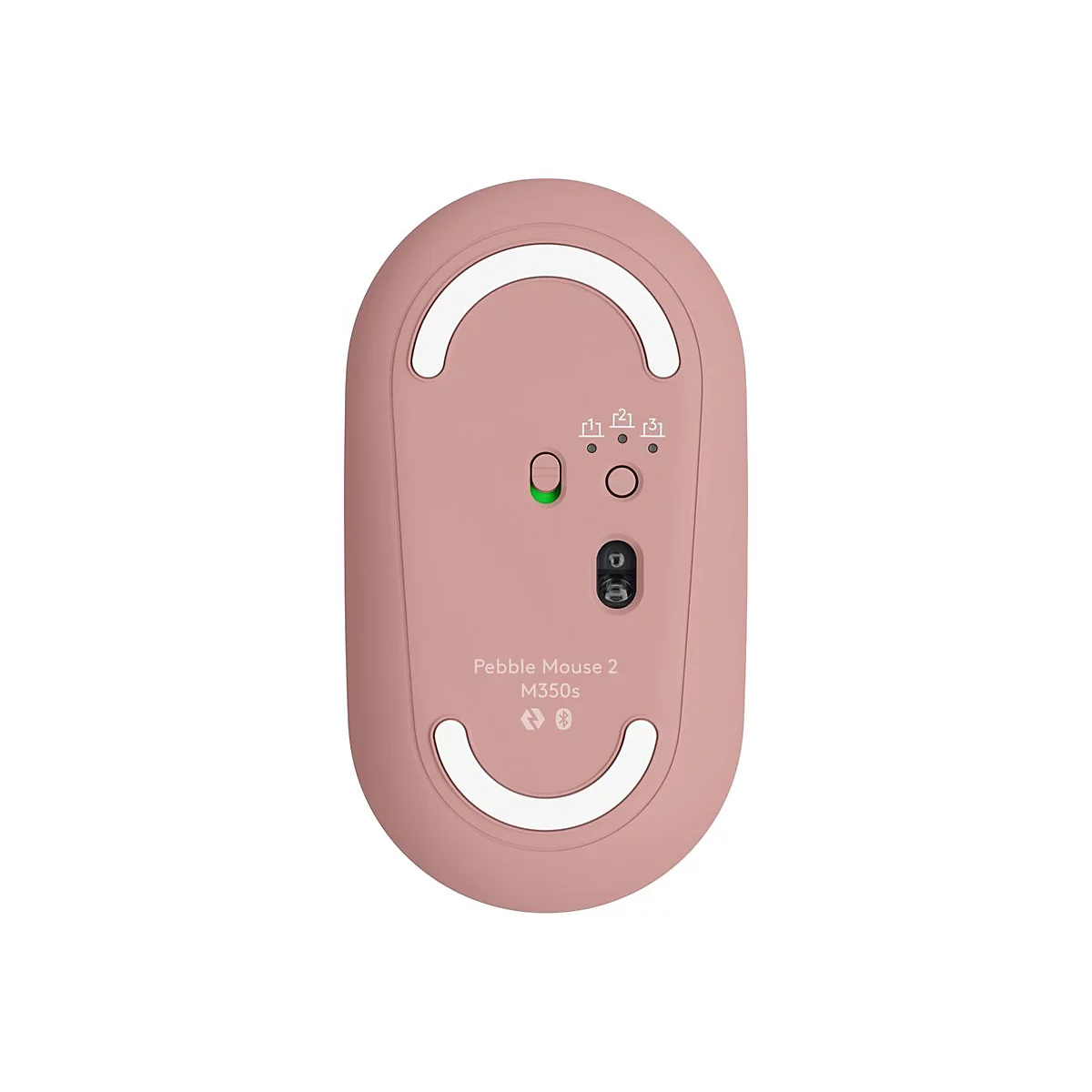 Vue de dessus d'une souris rose. Sur la face inférieure, on trouve des patins blancs, des boutons et l'inscription 'Pebble Mouse 2 M350s'.