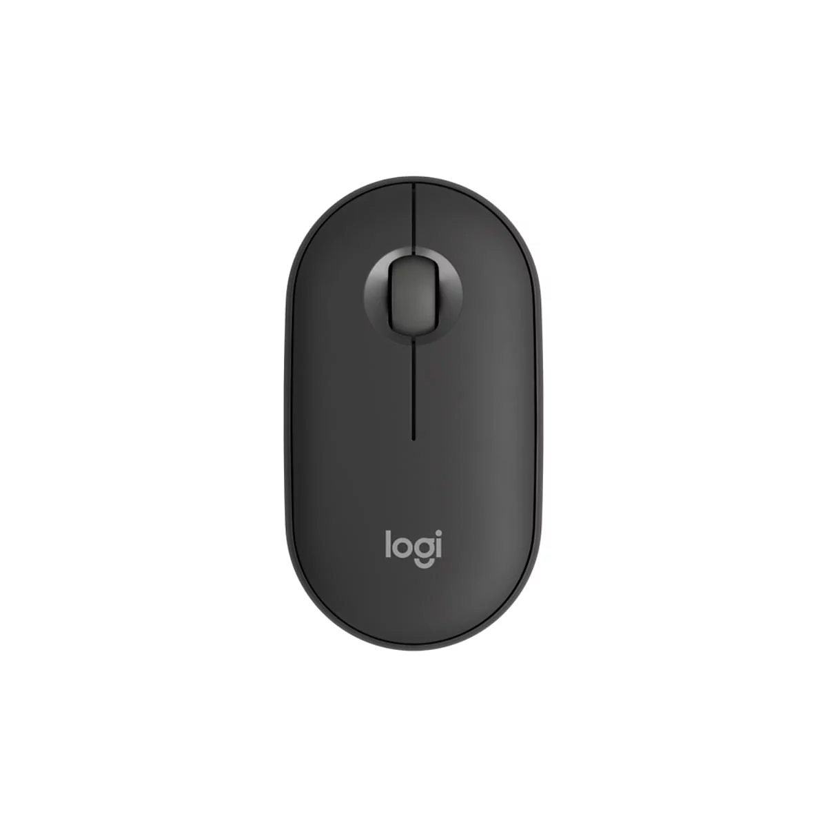 Souris d'ordinateur gris foncé avec logo. Moitié supérieure avec molette de défilement. En dessous du logo, le mot "logi".