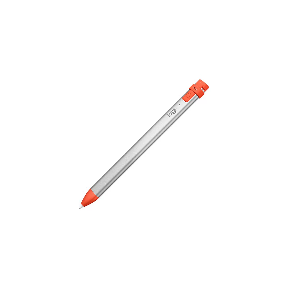 Stylet argenté avec un accent orange, placé en diagonale sur fond blanc. Le stylo a un bouton et le logo.